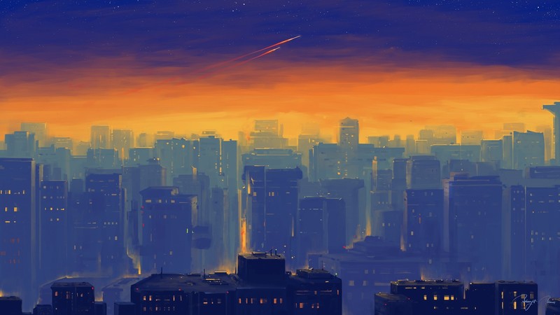 BisBiswas, painting, cityscape, comet, sunset, digital art