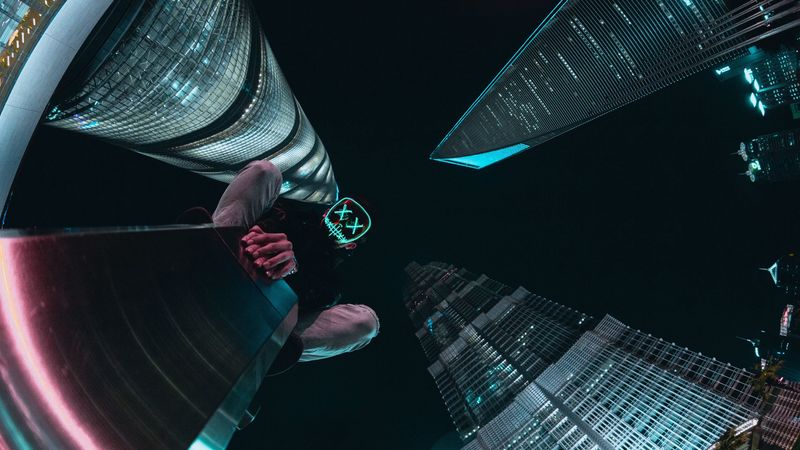 mask, skyscrapers, anonymous, architecture, bottom view, 4k