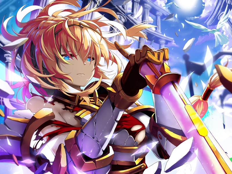 armor, aqua eyes, blonde, long hair, anime, blue eyes, anime girls