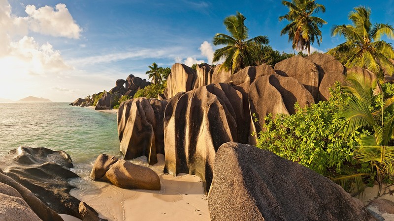 nature, landscape, clouds, sky, rocks, water, water ripples, beach, sand, trees, plants, sunlight, tropical, Seychelles