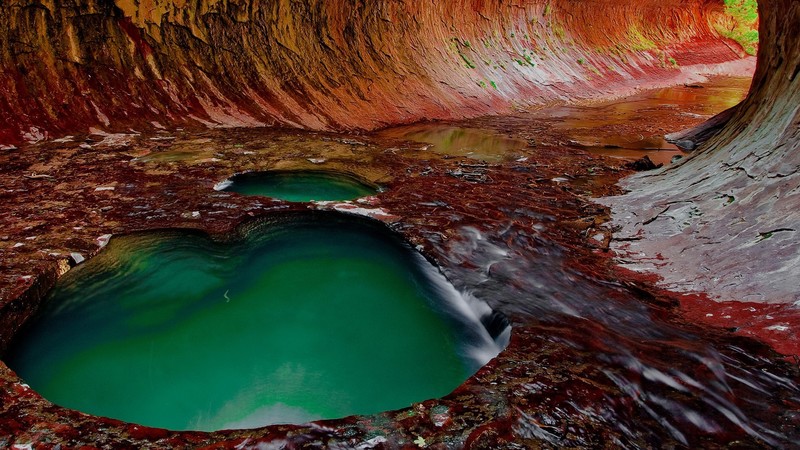 nature, cave, water, moss, long exposure, Zion National Park, Utah, USA