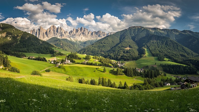 nature, landscape, mountains, clouds, trees, forest, village, path, flowers, sky, house, Dolomites (mountains), Italy, Val di Funes