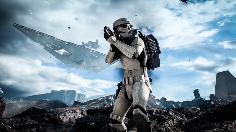 Star Wars, soldier, weapon, spaceship, aircraft, clouds, sky, Star Wars: Battlefront, stormtrooper, video games, rocks