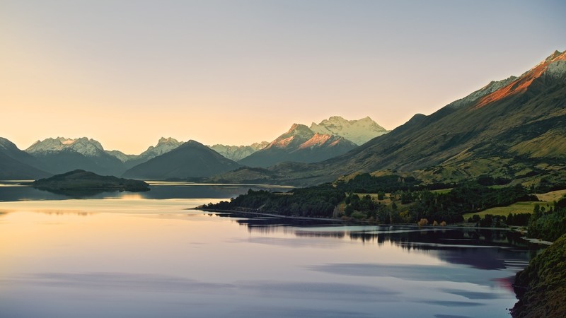 lake, dusk, sky, water, mountains, hills, snow, forest, nature, landscape, photography, grass