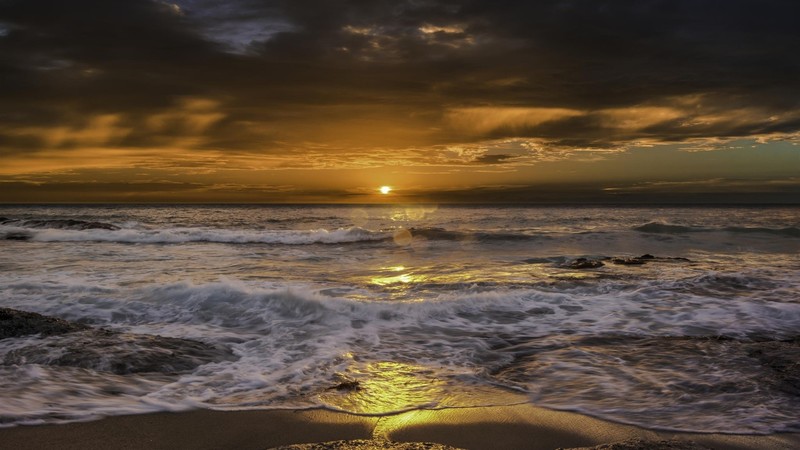 sunrise, beach, sea, sea foam, waves, clouds, sky, nature, landscape, photography