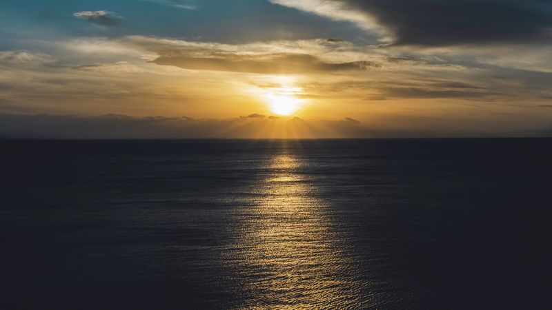 sea, sunset, sun, horizon, ripples, waves, 4k