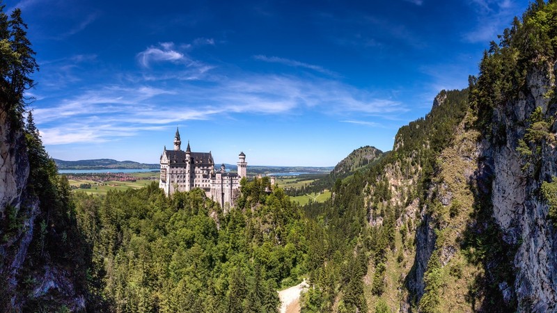 Germany, Bavaria, Neuschwanstein Castle, trees, castle, sky blue, clouds, rocks, sunlight, daylight, water, forest, grass, landscape, nature, photography
