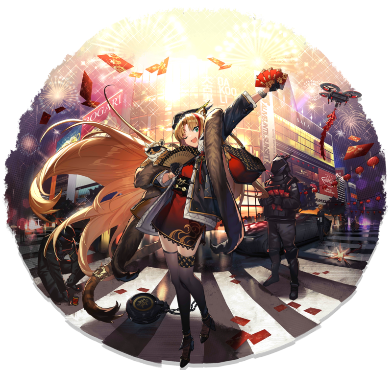 Arknights, anime, Spring Festival, Swire (Arknights), fireworks, road, drone, folding fan, car, silk stockings, tiger, sunglasses, handbags, fur coats, flail, lantern