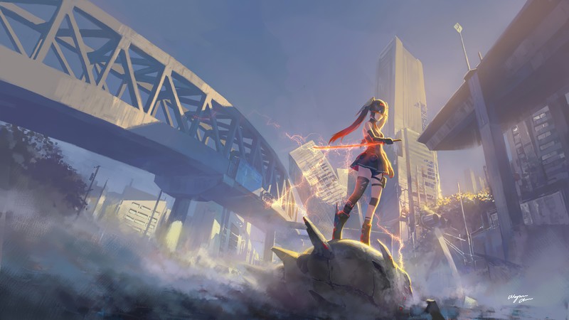anime, 2D, artwork, digital art, low-angle