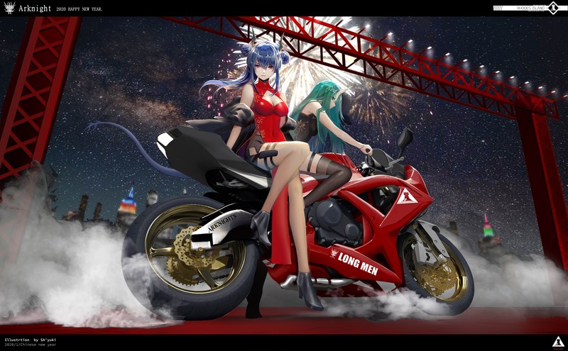 anime, anime girls, Arknights, motorcycle, dress, low-angle, Chen (Arknights), Hoshiguma (Arknights)