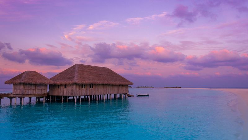 bungalow, ocean, clouds, sunset, tropics, 4k