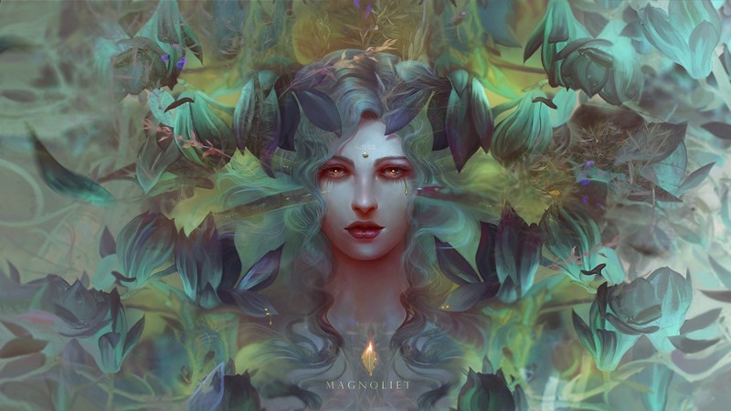 fantasy girl, plants, face, artwork