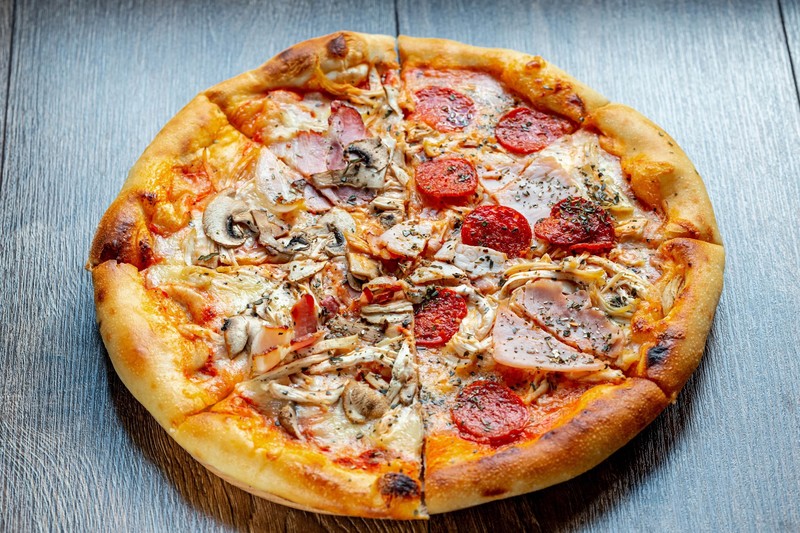 food, pizza, cheese, salami