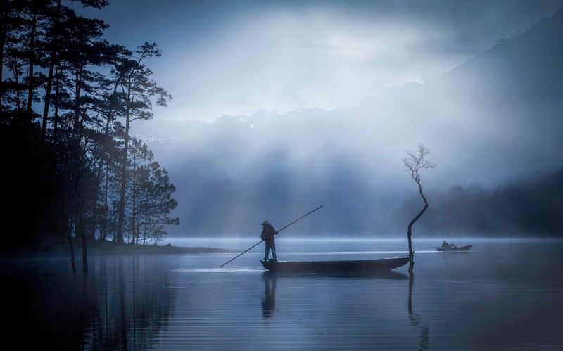 boat, water, lake, mist, dusk, outdoors, fishing, Vietnam