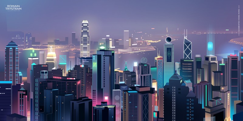 Romain Trystram, drawing, city, block of flats, glowing, neon glow, cityscape, neon lights, futuristic city, Hong Kong