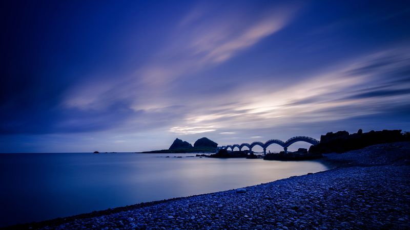 sea, coast, stones, bridge, sunset, evening, 4k