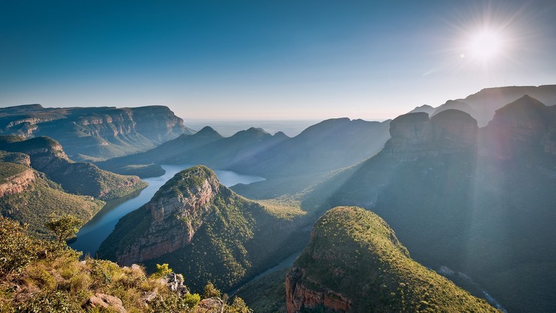 nature, landscape, mountains, Sun, sun rays, plants, trees, forest, horizon, sky, clear sky, river, canyon, South Africa, Blyde River Canyon