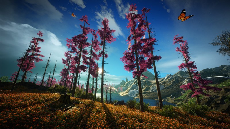 mountains, clouds, flowers, nature, forest, trees