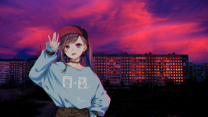 anime, anime girls, purple background, sunset, walkway, Russia