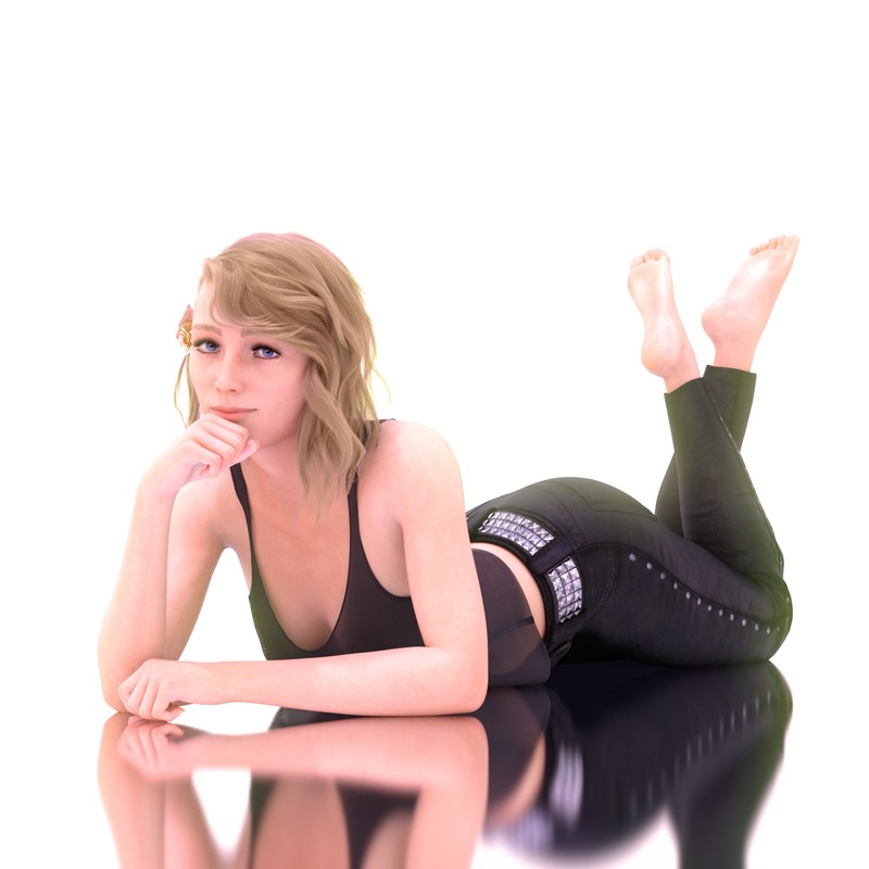 Kev-Art, Cecilia Harris, blond hair, blue eyes, tank top, pants, lying on front, looking at viewer, barefoot, white background, reflection, shining, bright, blonde, mirror, sad, Smile, white, women