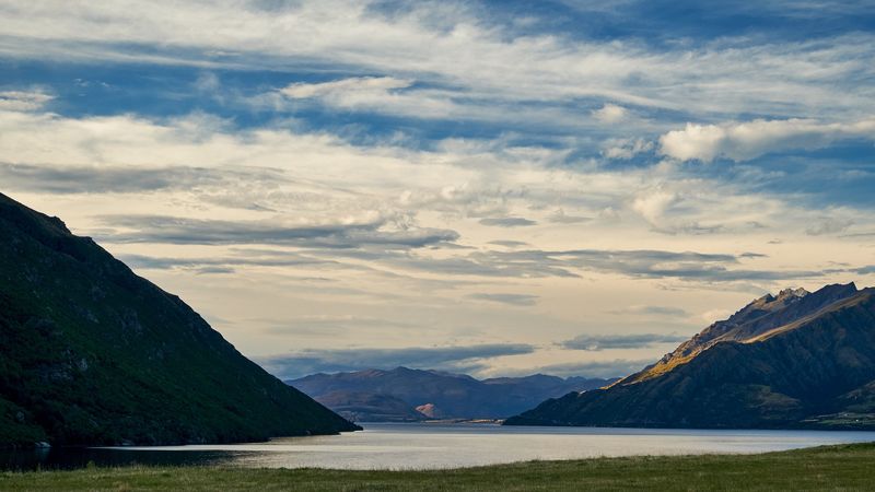 mountains, lake, water, grass, landscape, travel, 4k