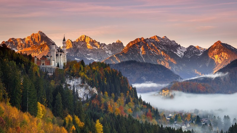 nature, landscape, trees, forest, castle, mountains, clouds, town, mist, fall, snowy mountain, Neuschwanstein Castle, Germany