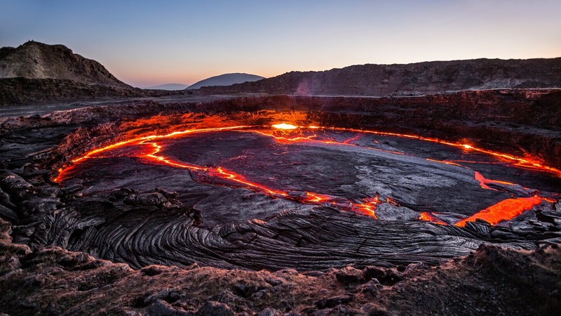 nature, landscape, lava, rocks, mountains, volcanic eruption, sky, fire