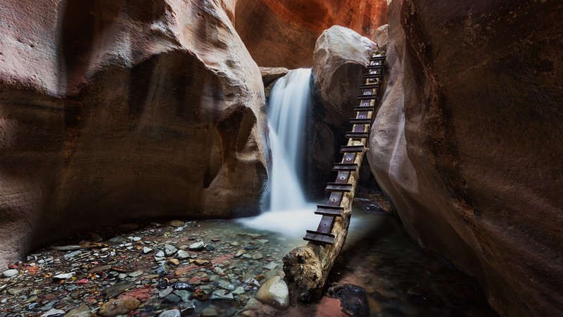 nature, rocks, canyon, ladder, water, spring, long exposure, Kanarraville Falls, Utah, USA, hiking