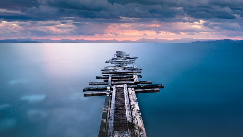 nature, mountains, clouds, sky, long exposure, wooden bridge, pier, Corinthia, Greece, landscape