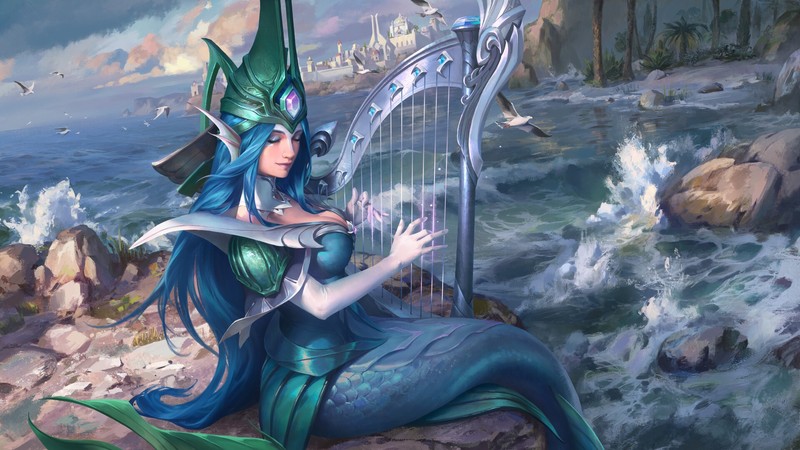 Xiao Guang Sun, drawing, women, mermaids, blue hair, long hair, helmet, gems, makeup, closed eyes, harp, music, waves, water splash, rocks