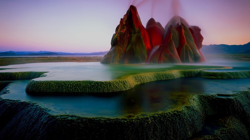 mountains, nature, landscape, sky, water, moss, rocks, plants, sunset, Fly Geyser, Nevada, USA