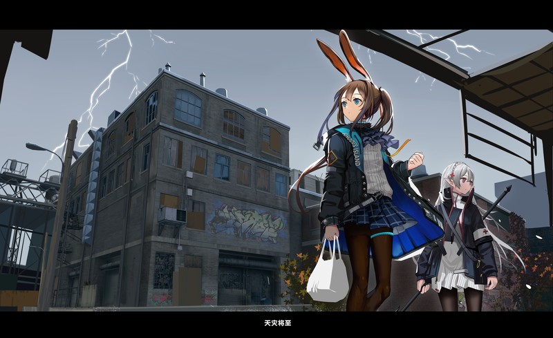 Arknights, Amiya (Arknights), Warfarin (Arknights), city, animal ears, fantasy art, anime, anime girls, low-angle