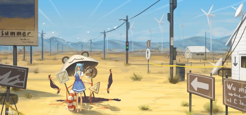 anime, anime girls, desert, blue hair, sky