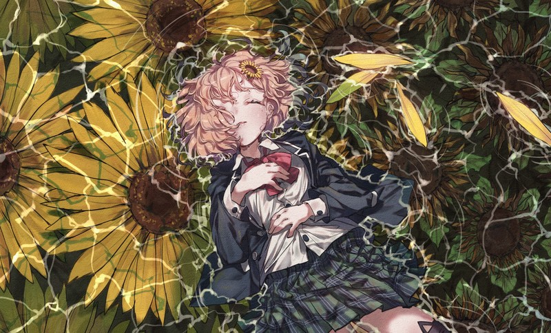 anime, anime girls, sunflowers, top view
