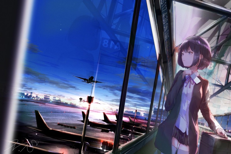 anime, anime girls, airport, Sun, sky, clouds