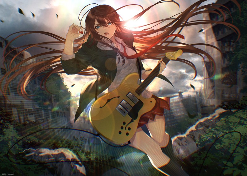 anime, anime girls, guitar