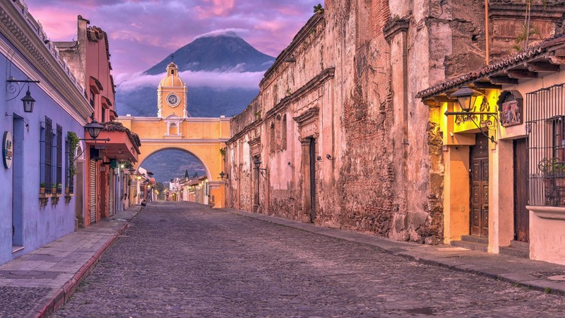 Antigua Guatemala, arch, street, Guatemala, Arch of Santa Catalina, Arco de Santa Catalina, volcano, Spanish Colony, Stone road