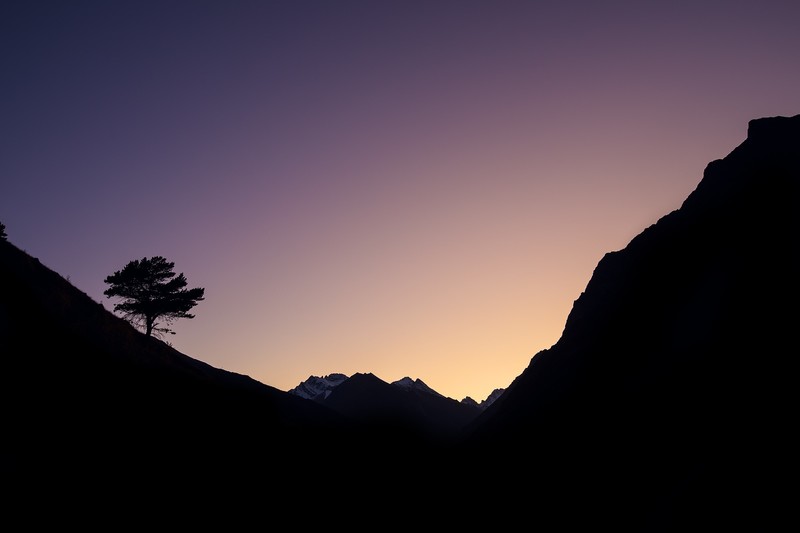 nature, silhouette, landscape, trees, mountains, valley, snowy mountain, sky, clear sky, rock