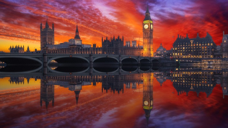 architecture, building, city, cityscape, UK, London, England, Westminster, Big Ben, River Thames, reflection, sunset, river, clouds, bridge, tower