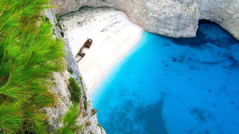 nature, landscape, mountains, plants, water, sand, shipwreck, coast, navagio beach, beach, Greece, top view