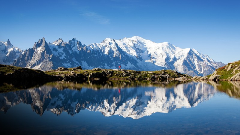nature, landscape, mountains, water, reflection, rocks, snowy mountain, sky, lake, grass, clear water, Alps, Mont Blanc, France