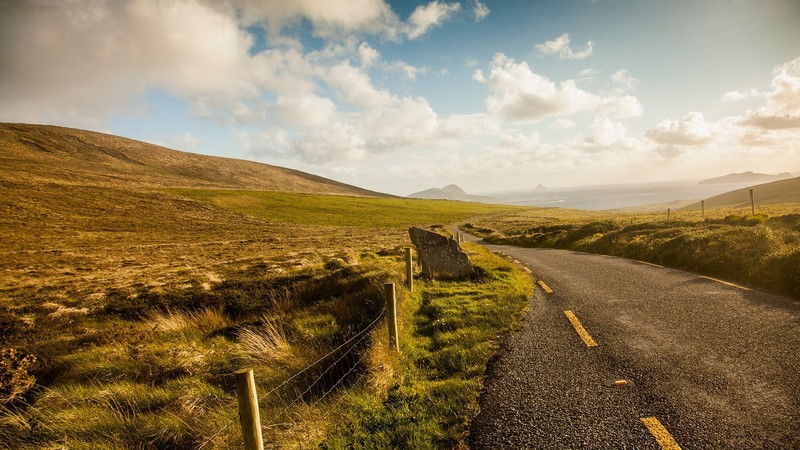 nature, landscape, road, fence, clouds, sky, horizon, grass, field, hills, mountains, Ireland