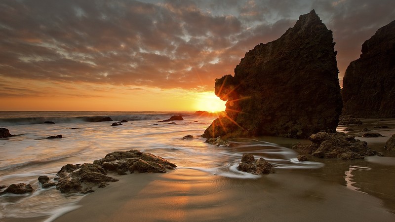 nature, landscape, sand, rocks, sunset, water, long exposure, clouds, sky, beach, sun rays, Malibu, California, USA