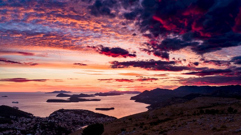 sea, sunset, clouds, mountains, croatia, 4k