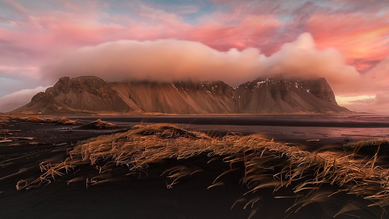 nature, landscape, black sand, clouds, mountains, plants, sky, sunset, long exposure, Iceland, cliff, Stokksnes