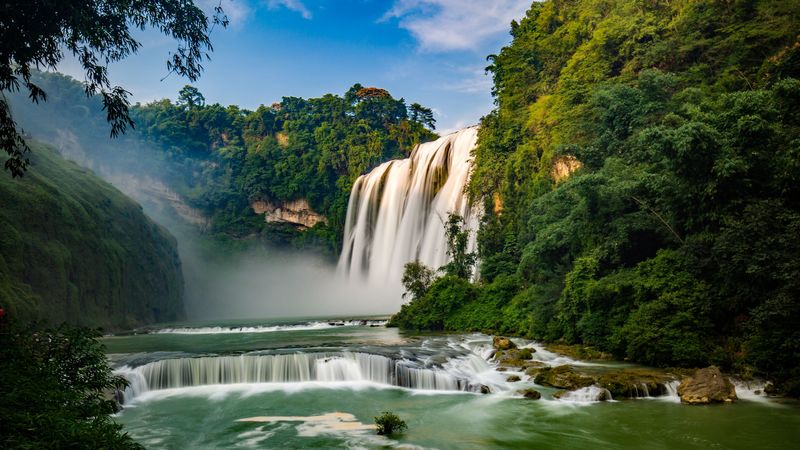 waterfall, river, precipice, trees, current, water, 4k
