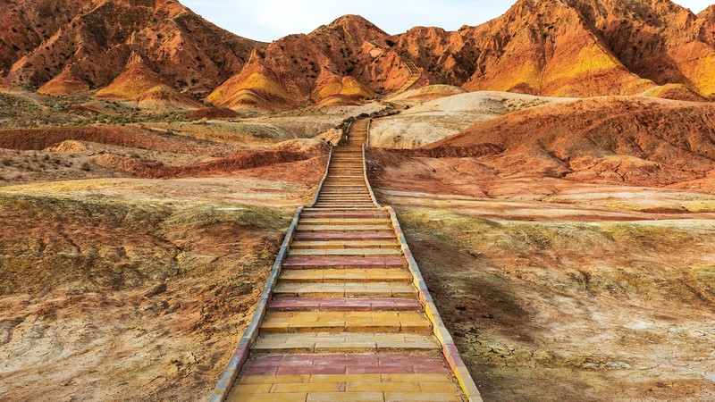 nature, landscape, mountains, plants, rock formation, Danxia landform, China, stairs