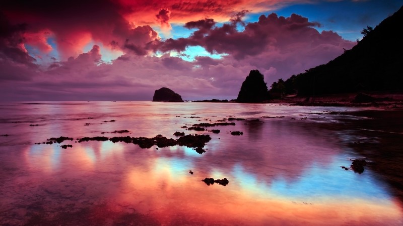 nature, landscape, mountains, clouds, trees, beach, sky, horizon, water, dawn, Philippines