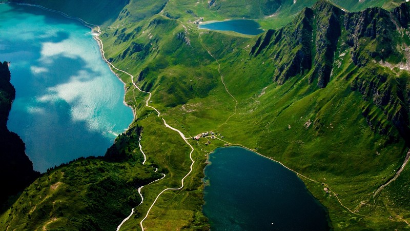 nature, landscape, trees, forest, lake, water, village, road, house, grass, shadow, aerial view, Alps, Switzerland