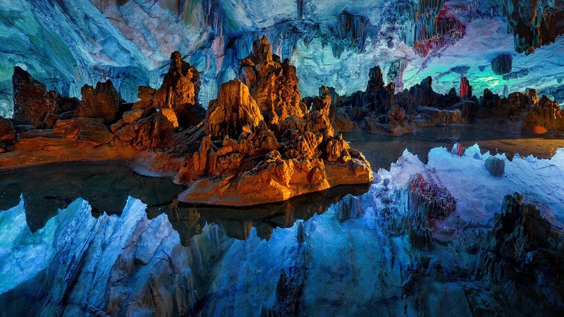 nature, landscape, rocks, water, reflection, Reed Flute Cave, Guilin, China, cave